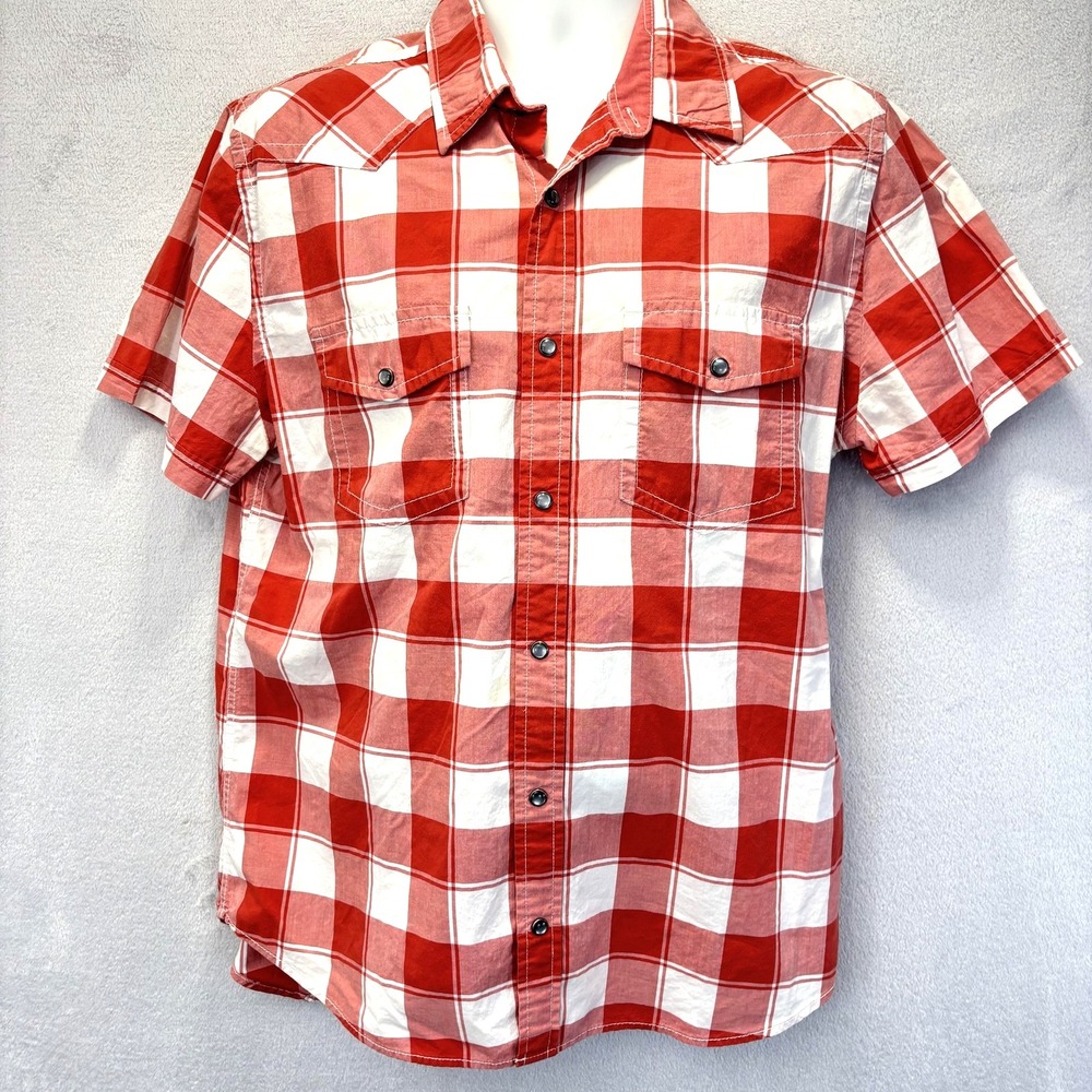 Express Fitted Short Sleeve Pearl Snap Up Shirt Mens Large Red Pockets Plaid